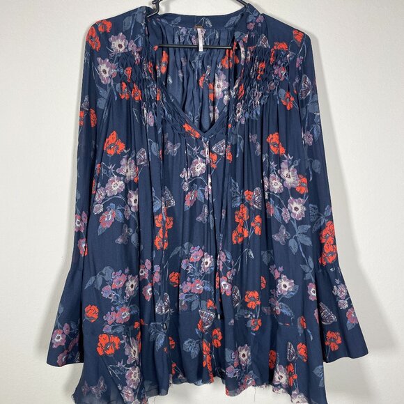 Free People Pebble Crepe So Fine Smocked Bohemian Tunic Top Woman Sz XS - Picture 1 of 9